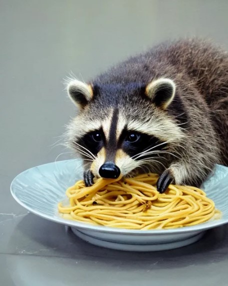 Raccoon eating pasta