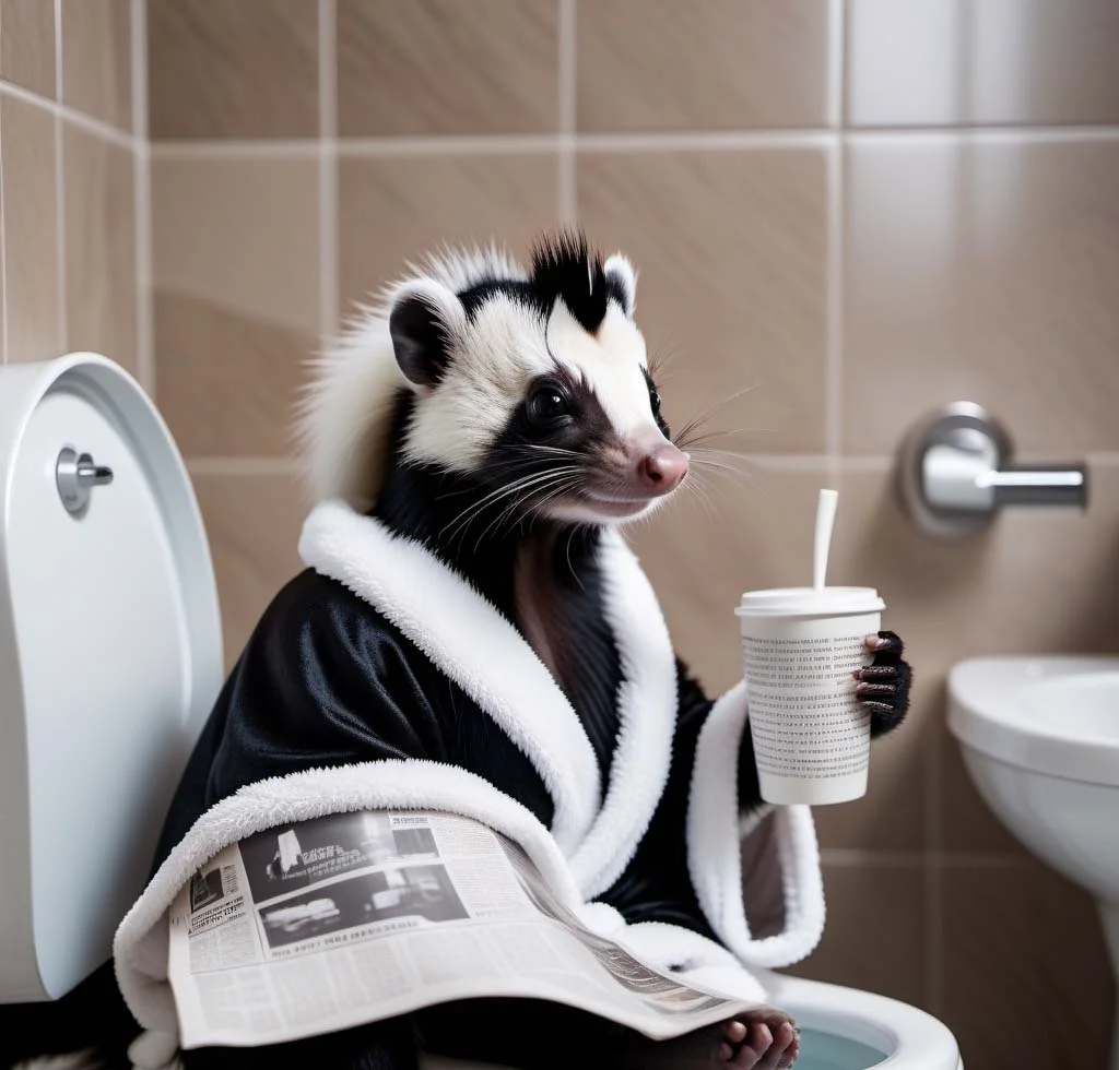 skunk-on-toilet-in-bathrobe
