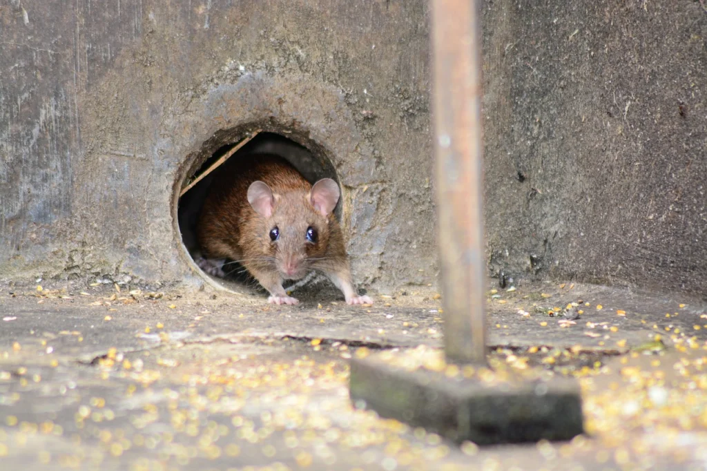 Rat sneaking into a hole