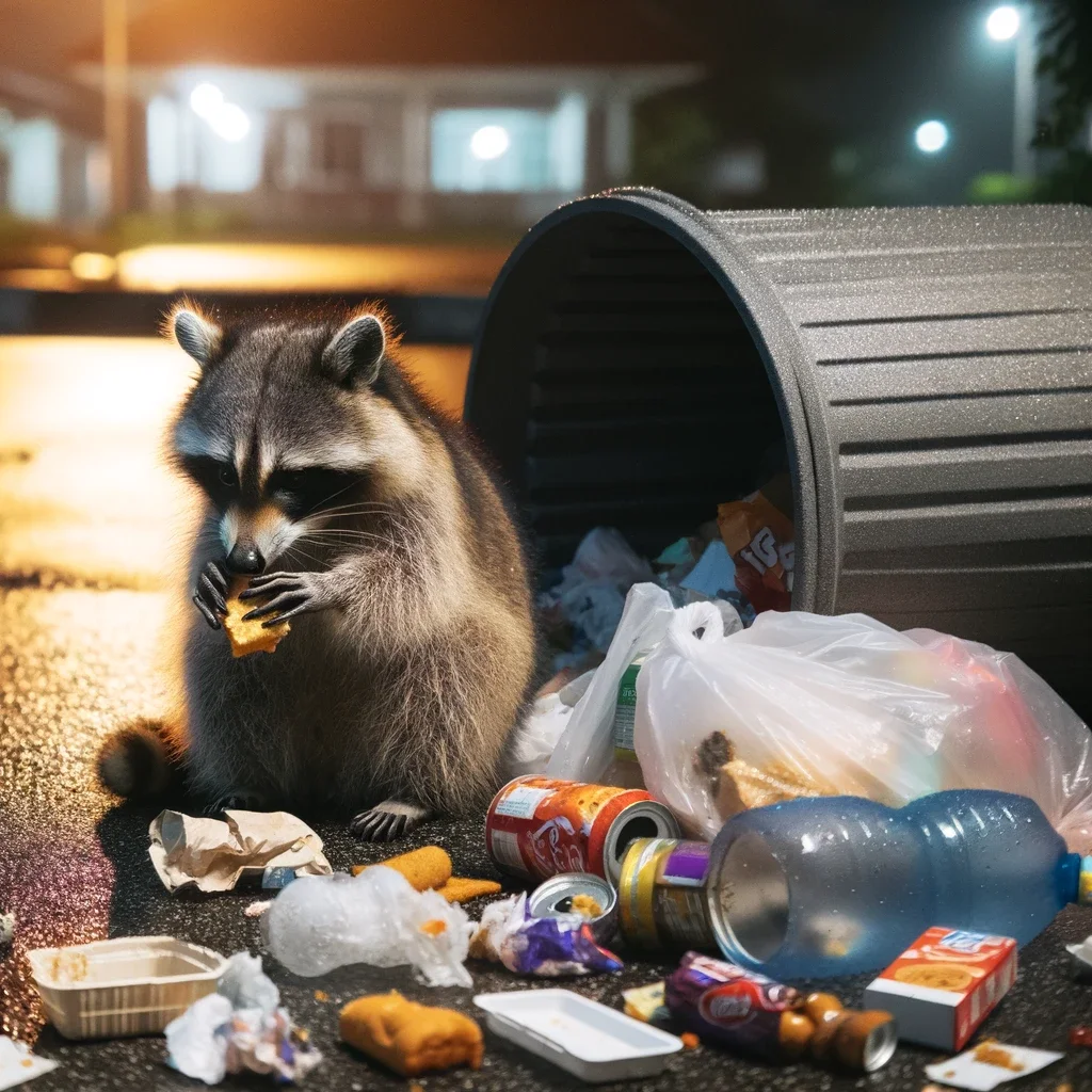 raccoon scavenging in the trash