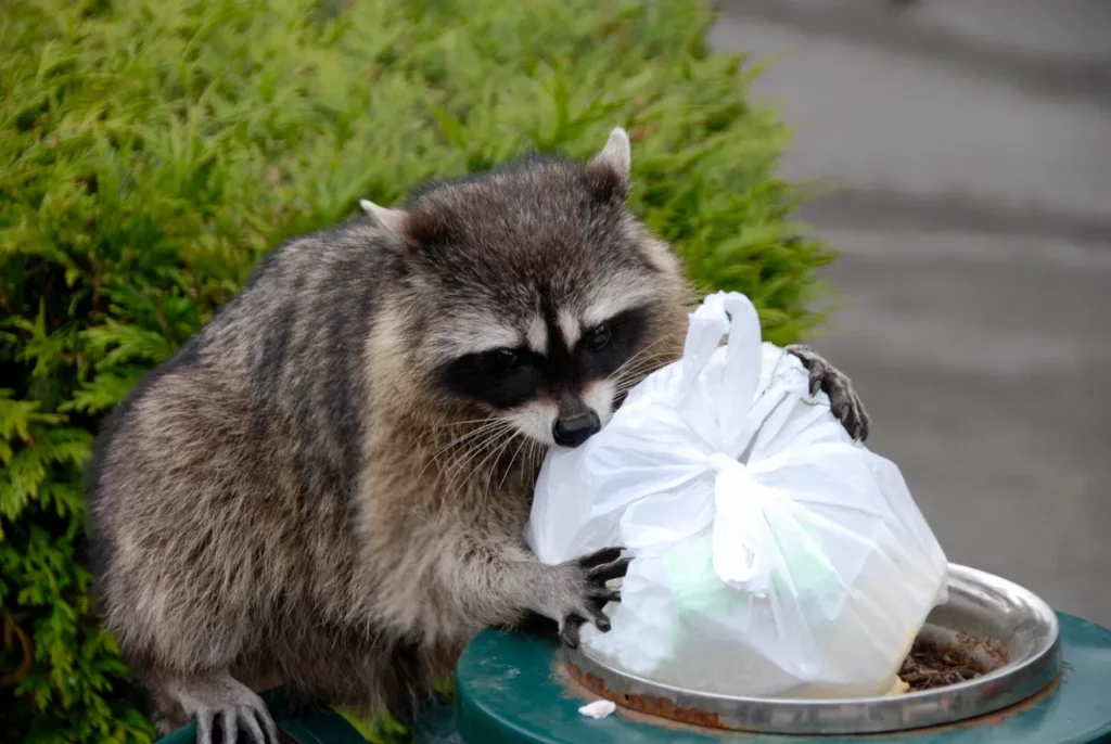 Raccoon eating from a trashcan