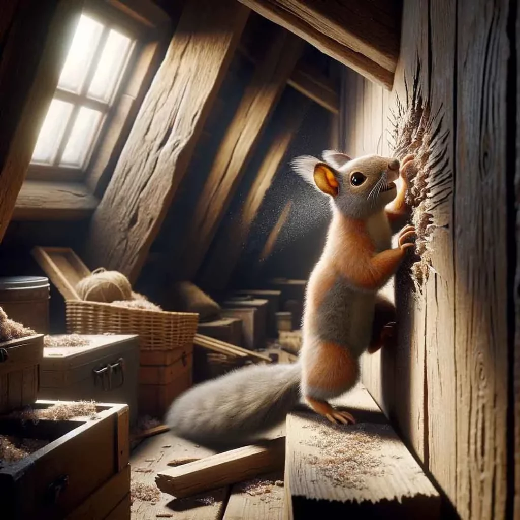 Squirrel scratching a wall inside an attic