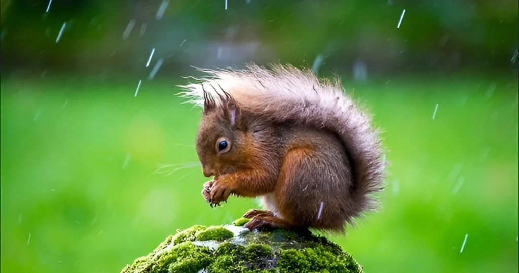squirrels under raining pour
