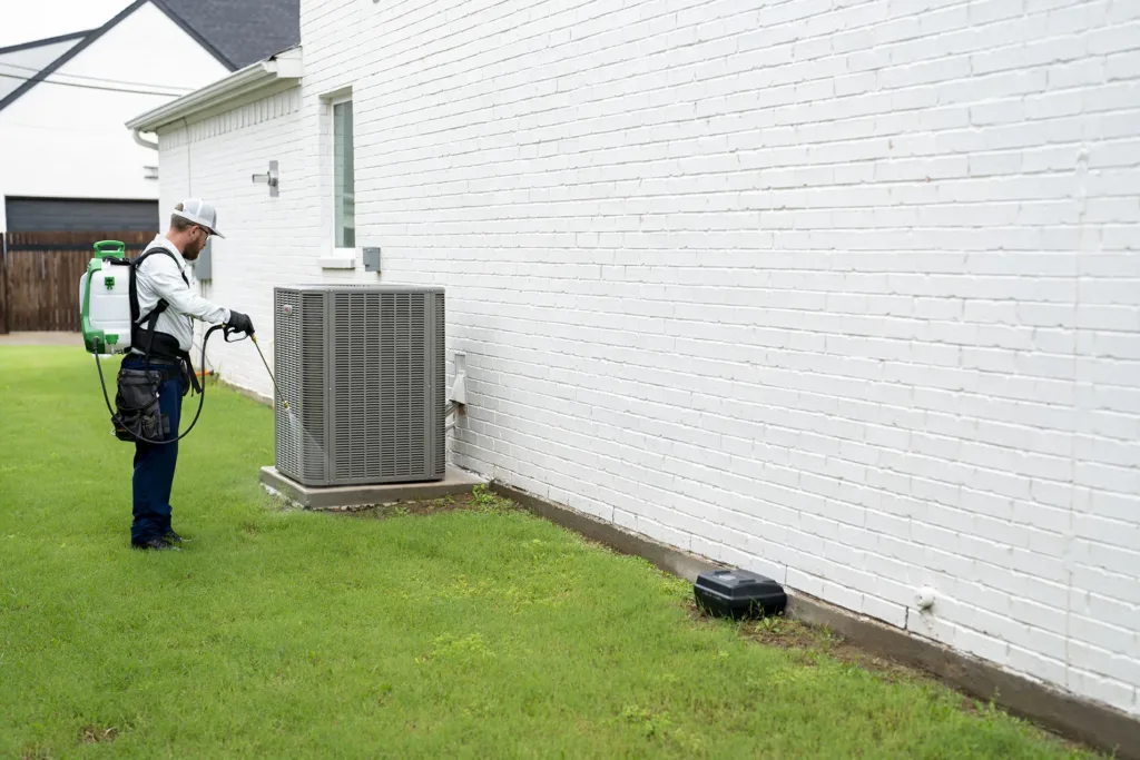 Technician spraying outside a house in Frisco, Texas.
